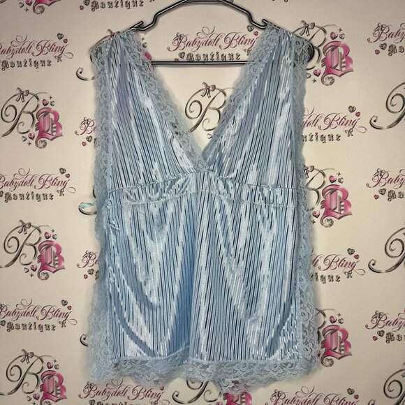 Tank top lace shimmer blue striped sides open with ribbon 🎀 bows retro vintage - Picture 1 of 8